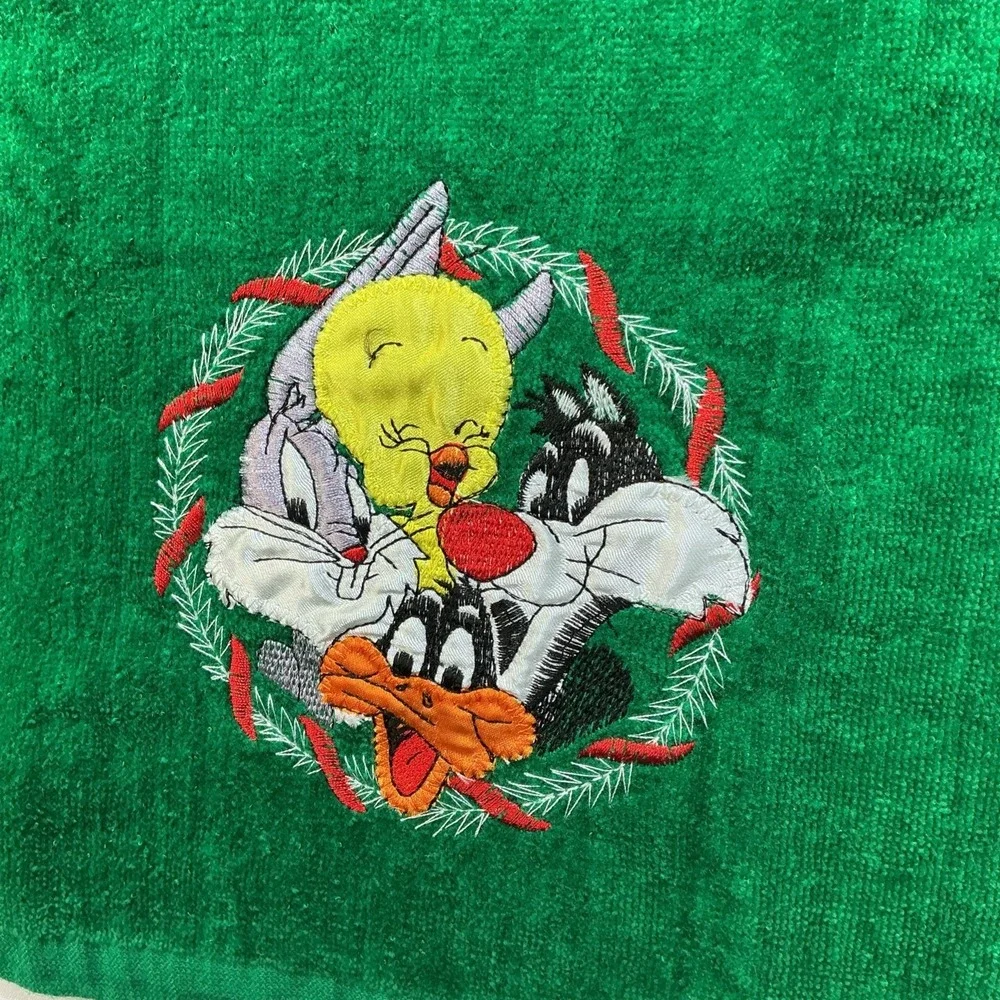 VTG 90s Looney Tunes Christmas Hand Towel Green Bugs Daffy Tweety Sylvester‎ EUC